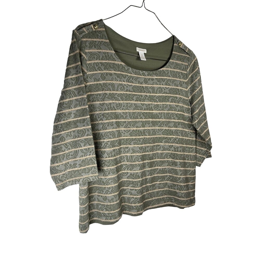Chicos Military Shoulder Lace Print Striped 3/4 Sleeve Xl 3 Top